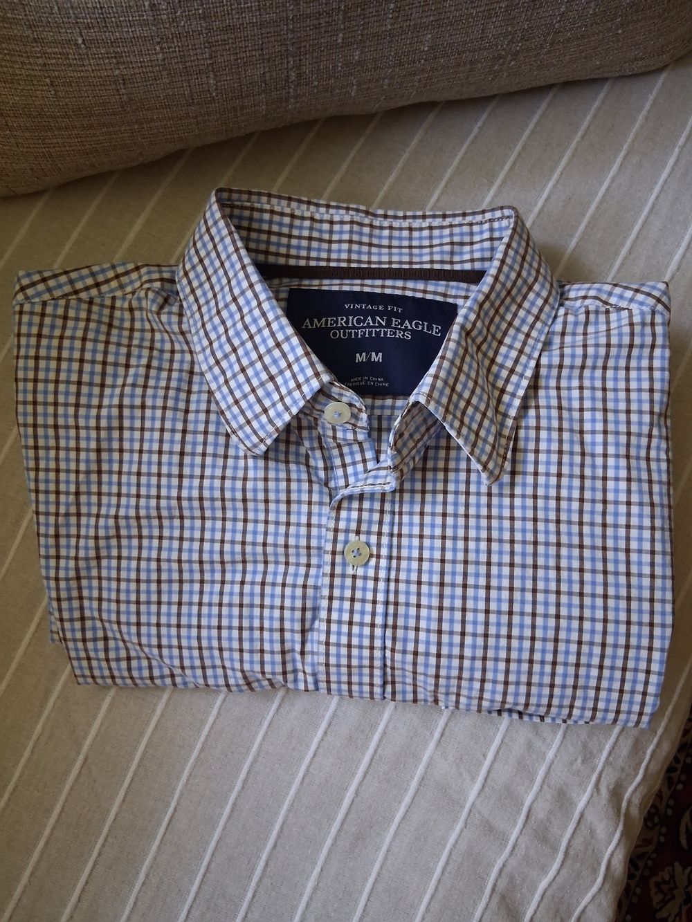 American Eagle Outfitters Plaid Button-Down Shirt in Brown and Blue